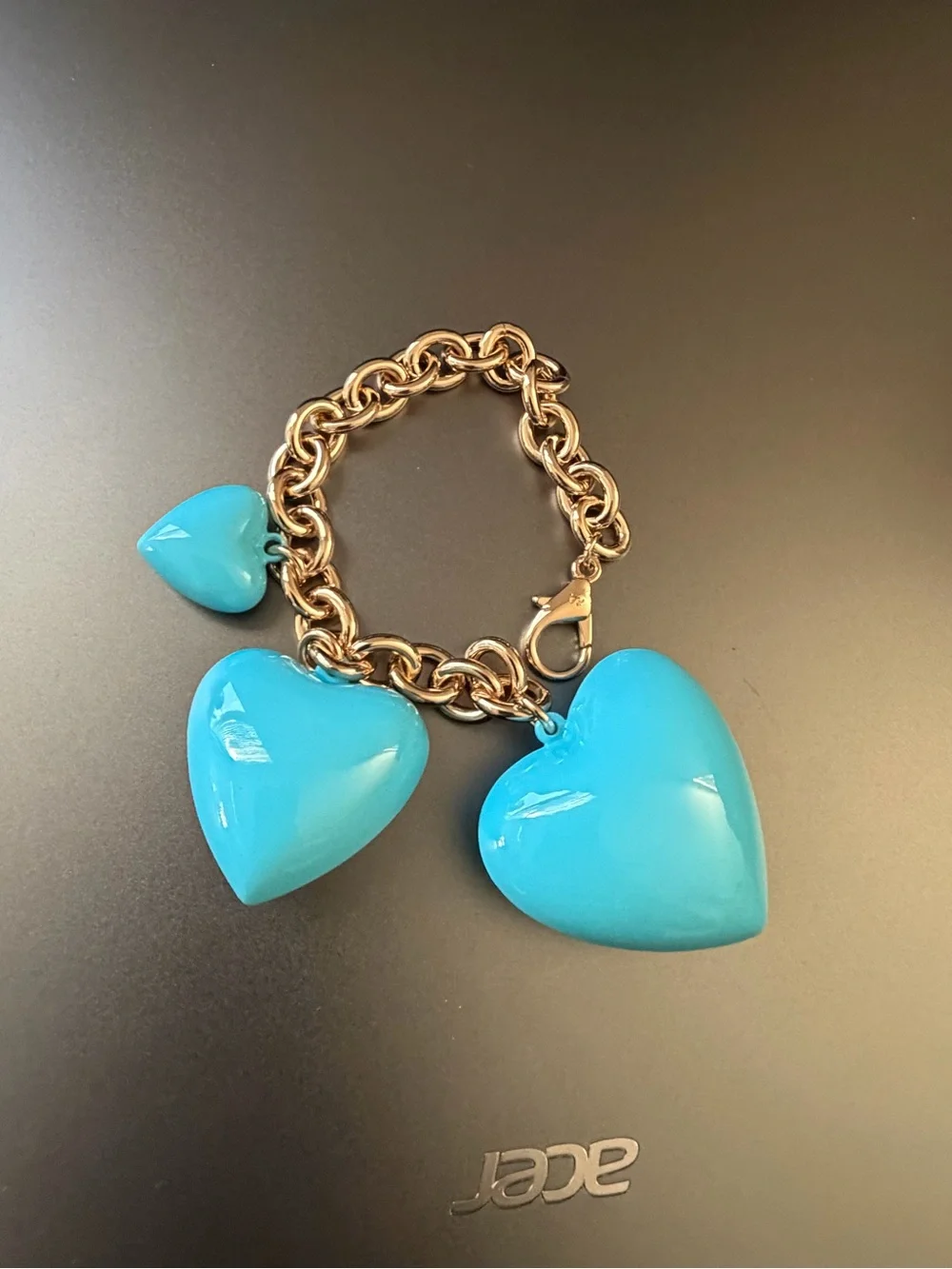 NWOT Roxanne Assoulin Gold Chain Keychain with Turquoise Blue Heart Charms